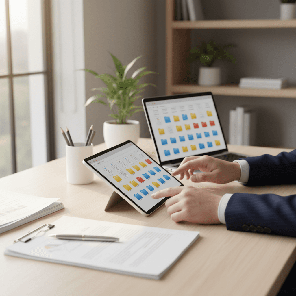Professional property management documents and legal paperwork organized on desk