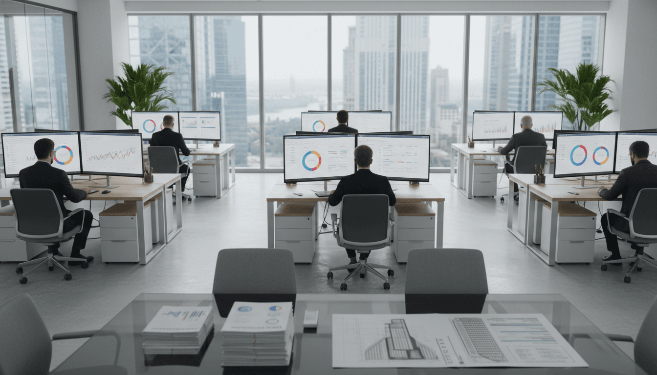 Property manager reviewing portfolio at desk