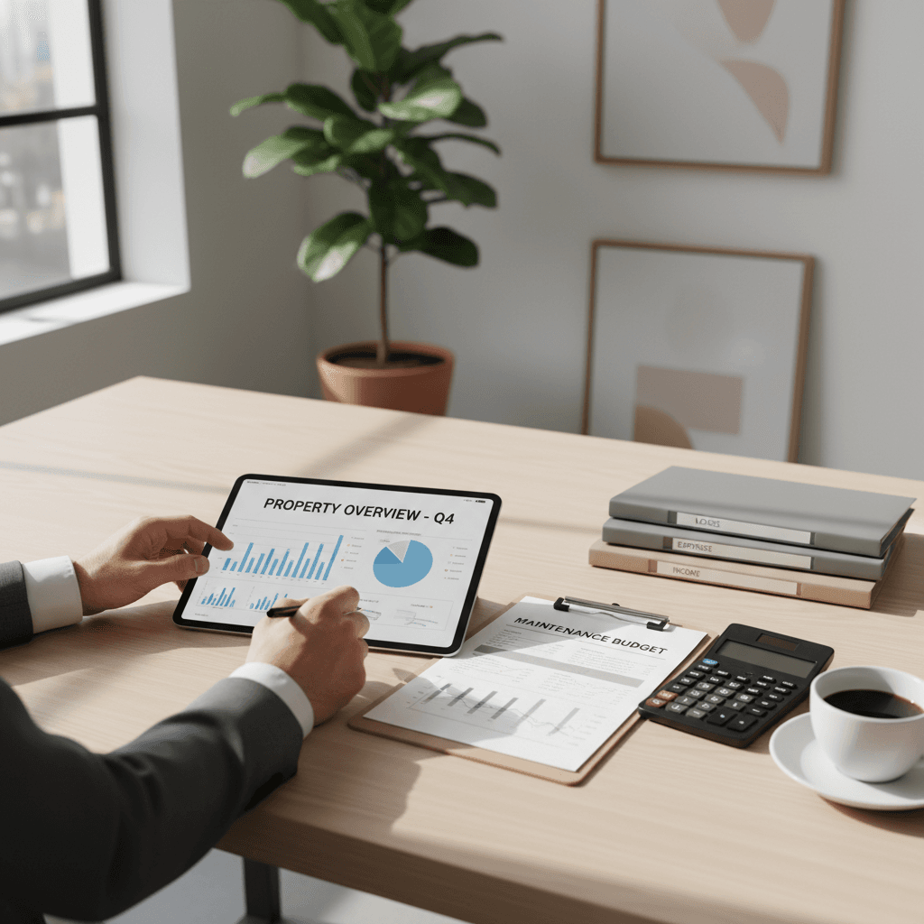 Property professional reviewing property documentation at office desk