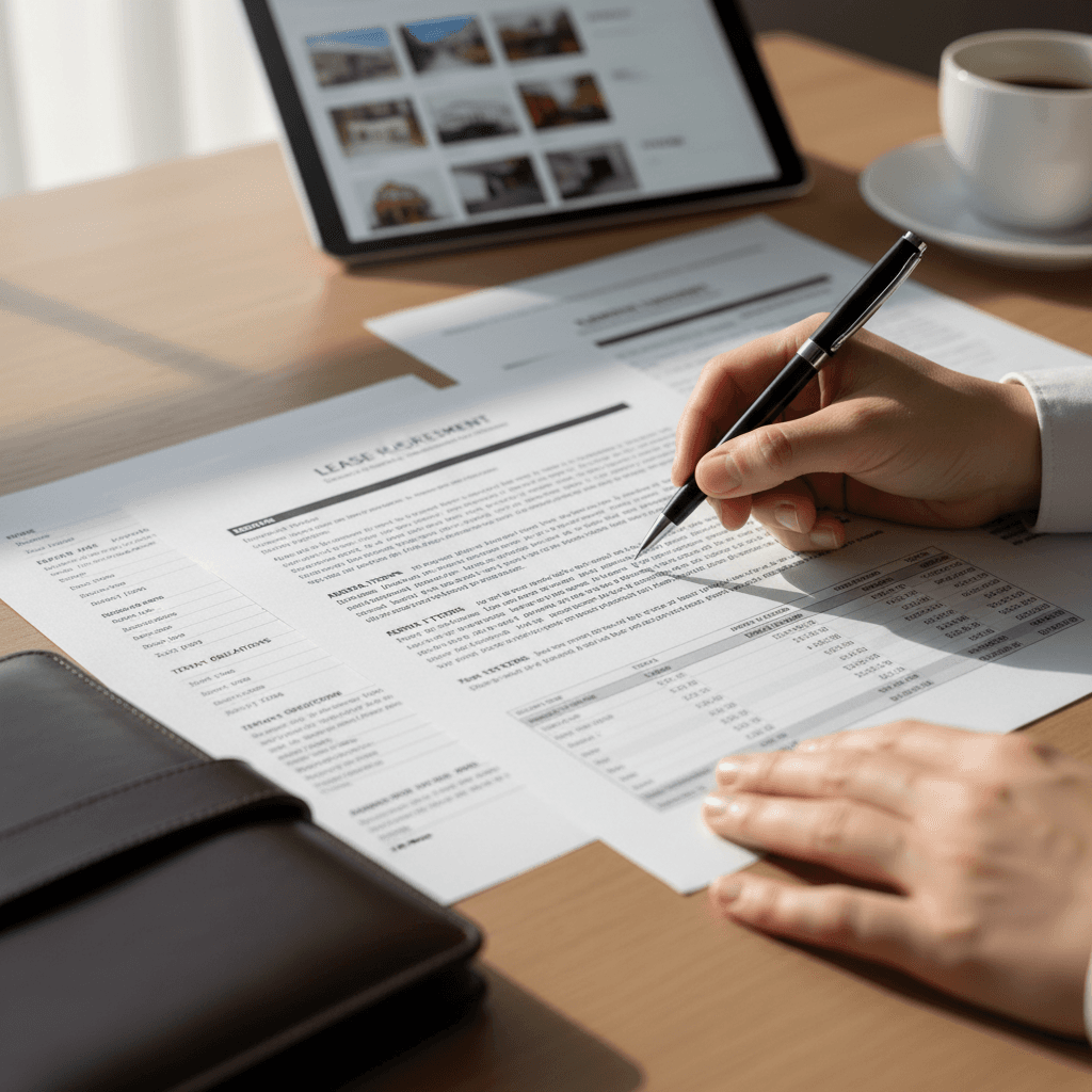 Professional property manager reviewing rental documents and building plans at modern office desk